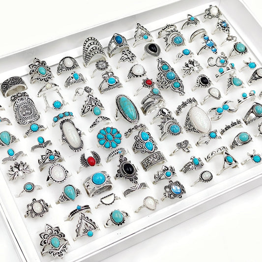 50pcs Boho Style Ring Set, Trendy Inlaid Turquoise Mix