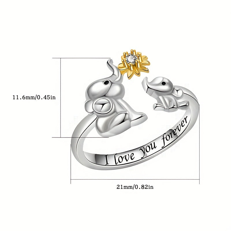 925 Silver Plated Elephants Playing With Flower Cuff Ring