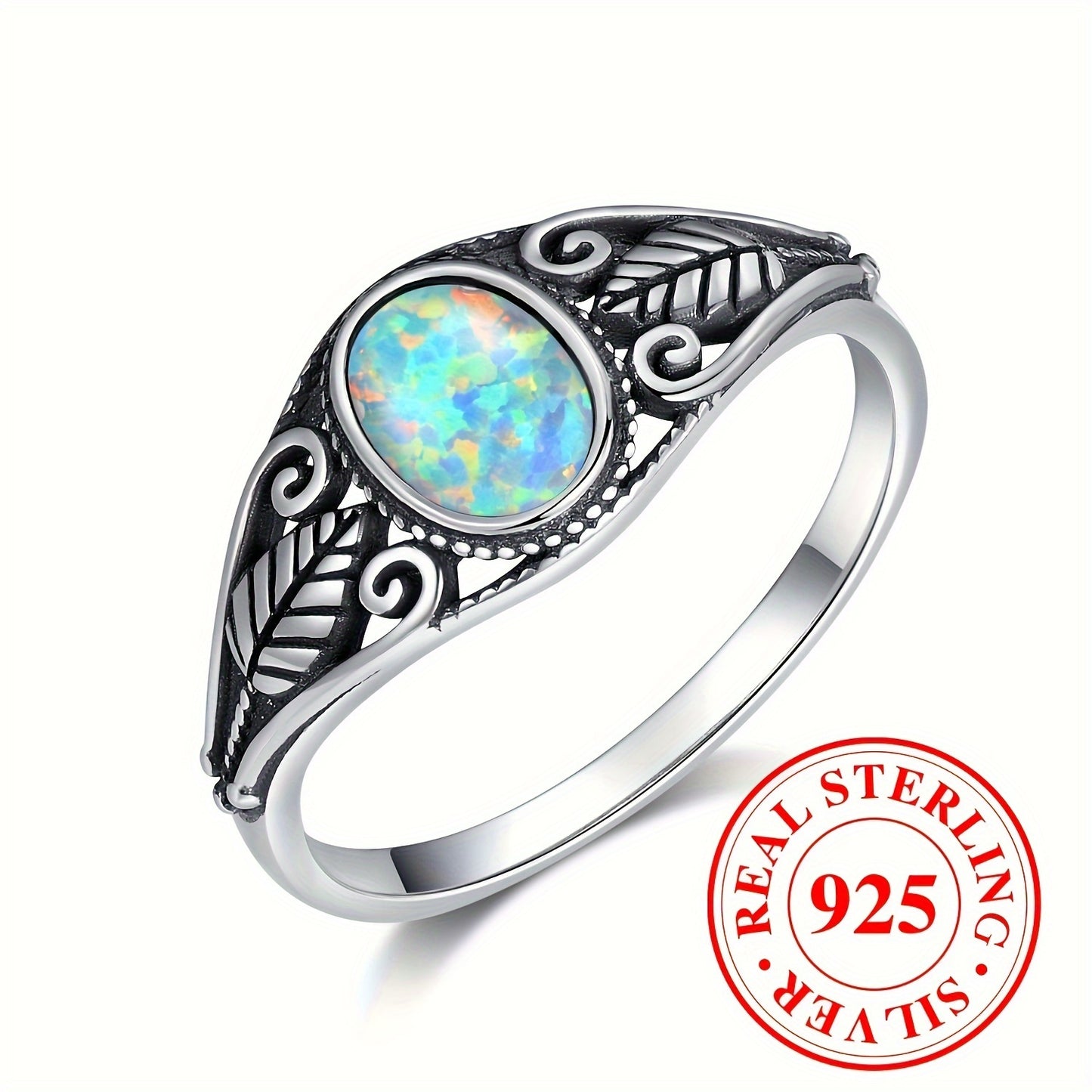 925 Sterling Silver Opal Carved Leaves Ring, Colorful Lights